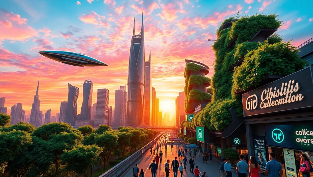Futuristic Skyline at Sunset 65s – free AI stock image