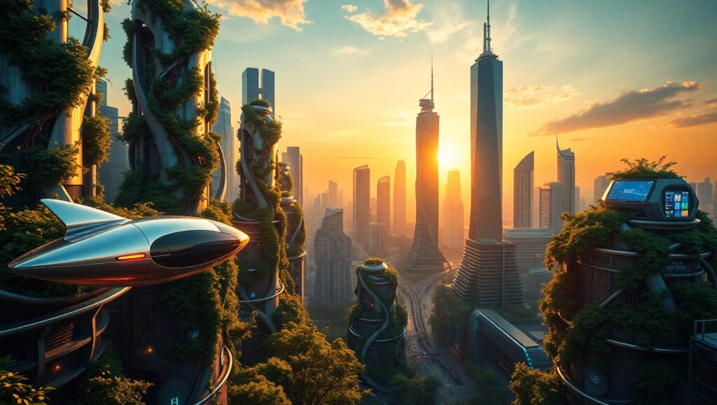 Futuristic Skyline at Sunset GMS – free AI stock image