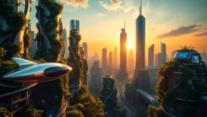 Futuristic Skyline at Sunset GMS – free AI stock image