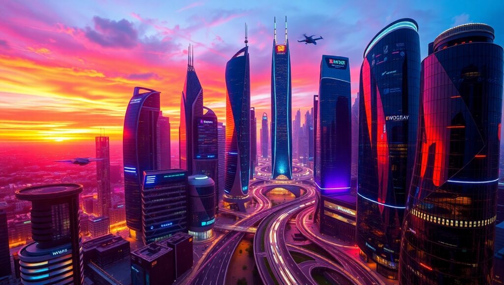 Futuristic Skyline at Sunset – free AI stock image