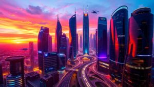 Futuristic Skyline at Sunset – free AI stock image