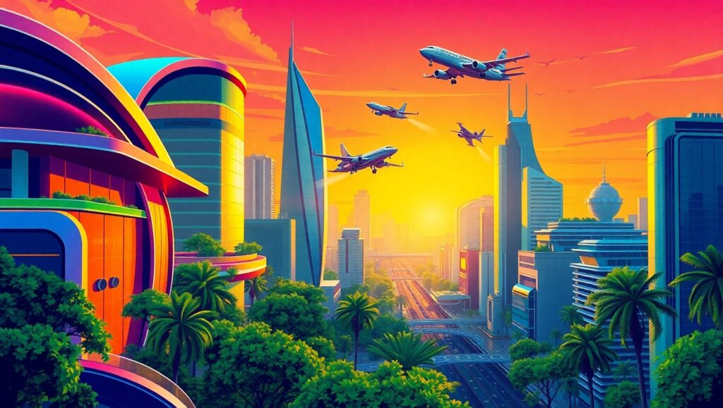 Futuristic Skyline at Sunset xSc – free AI stock image
