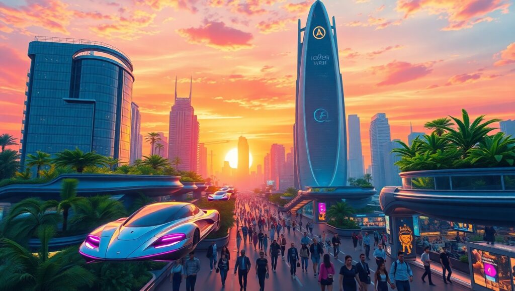 Futuristic Skyline at Sunset ySx – free AI stock image
