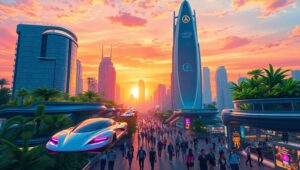 Futuristic Skyline at Sunset ySx – free AI stock image