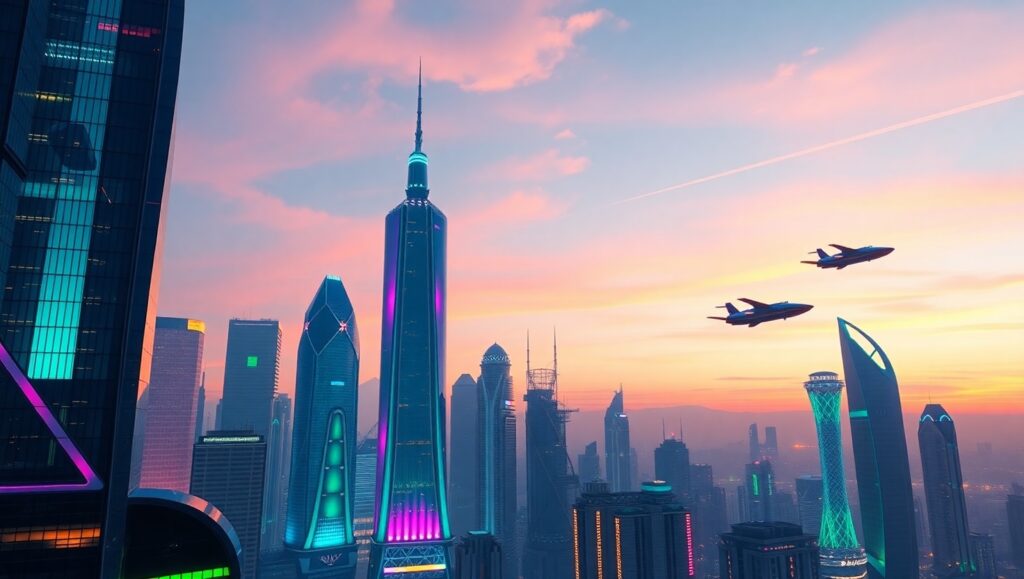 Futuristic Skyline with Floating Gardens lRd – free AI stock image