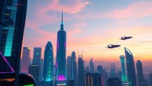 Futuristic Skyline with Floating Gardens lRd – free AI stock image