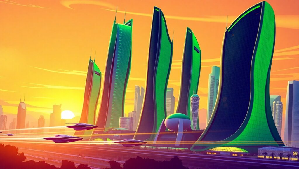 Futuristic Skyline with Flying Vehicles – free AI stock image