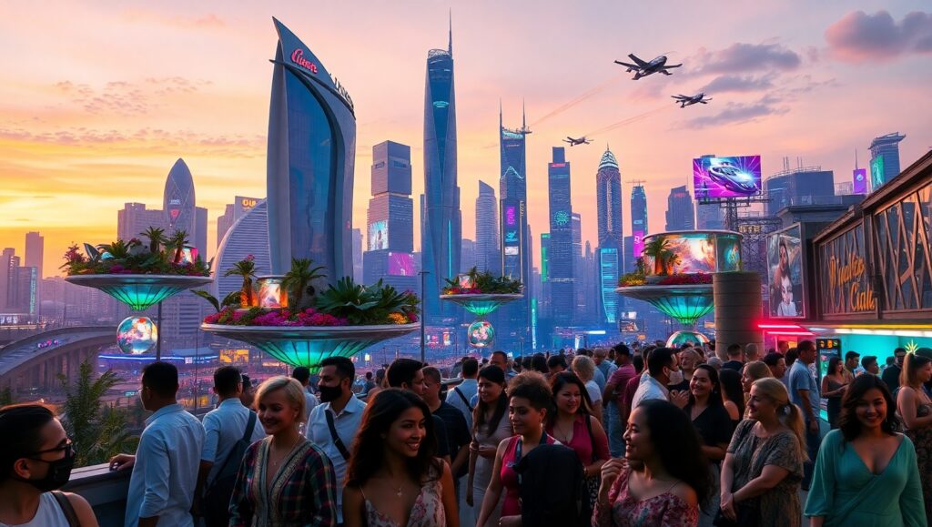 Futuristic Skyline with Neon Gardens – free AI stock image