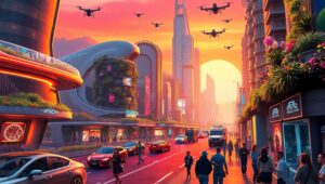 Futuristic Smart City at Sunset – free AI stock image