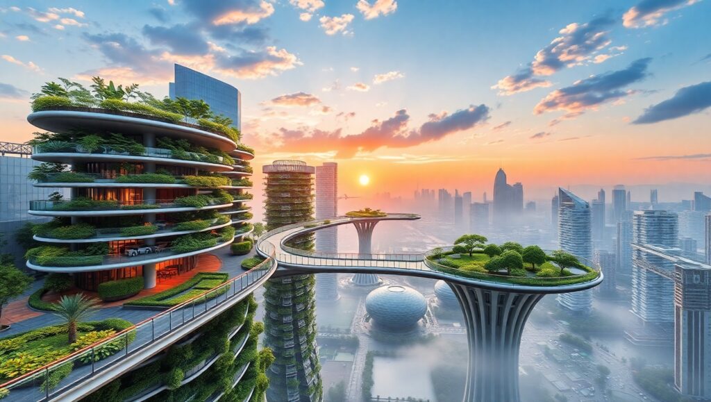 Futuristic Sustainable Cityscape at Sunset – free AI stock image