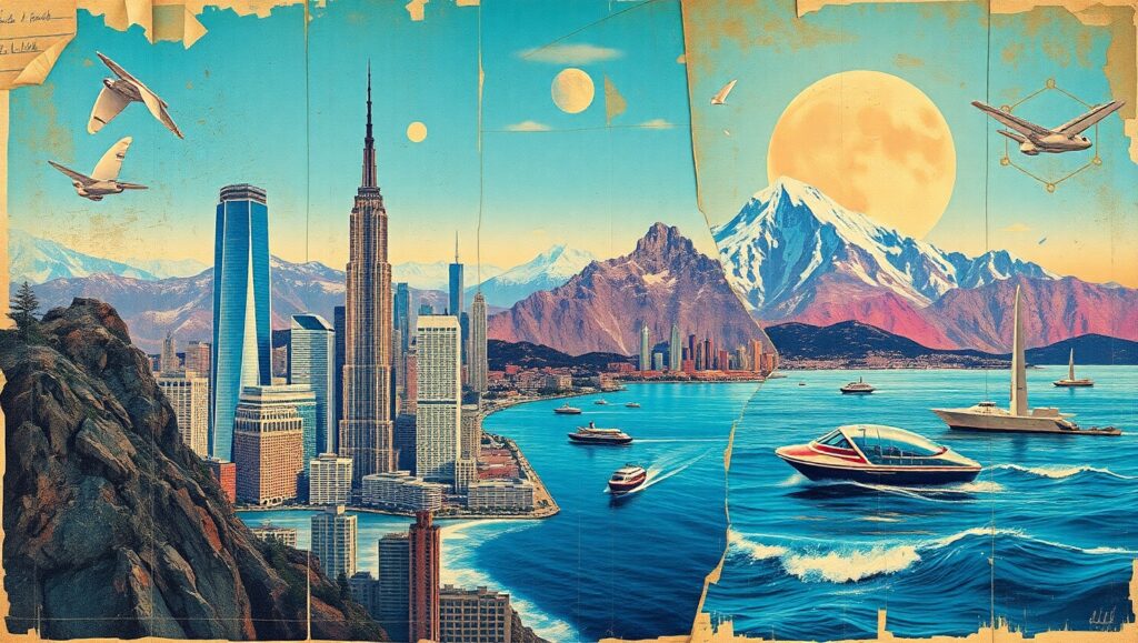 Futuristic Travel Collage Experience – free AI stock image