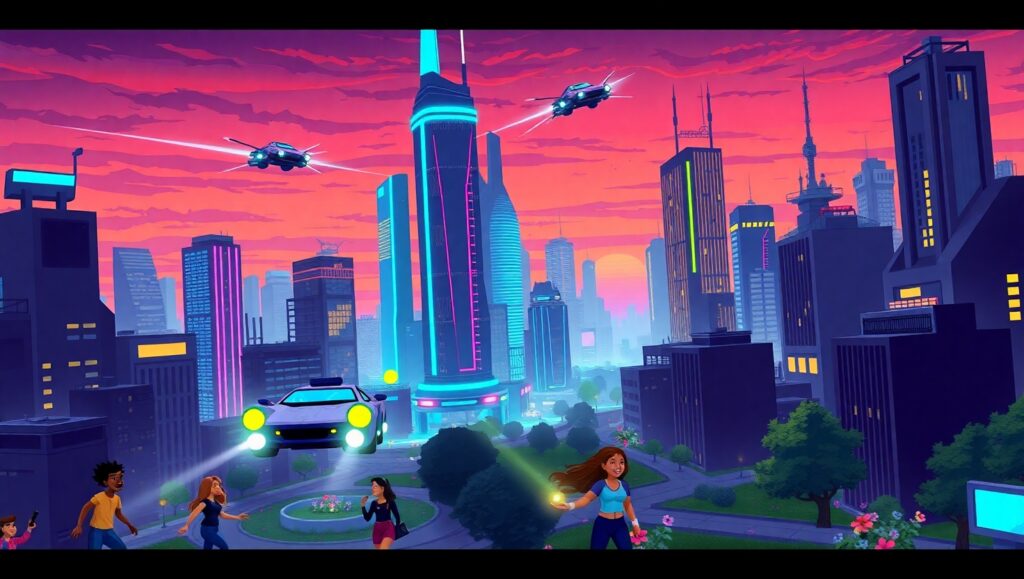 Futuristic Twilight City Pixel Art – free AI stock image