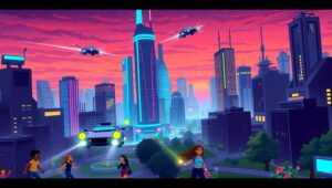 Futuristic Twilight City Pixel Art – free AI stock image