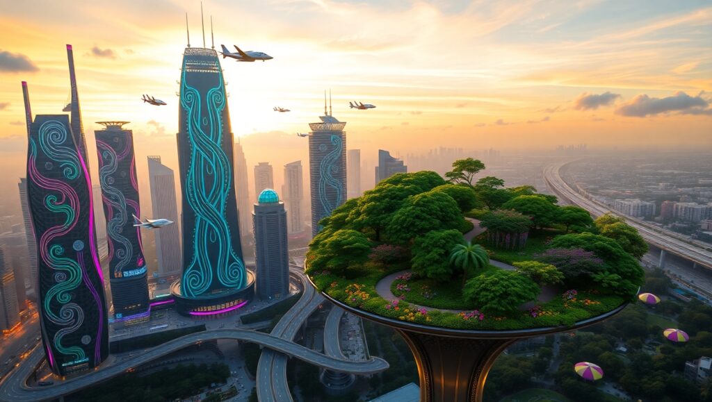 Futuristic Twilight Urban Skyline – free AI stock image