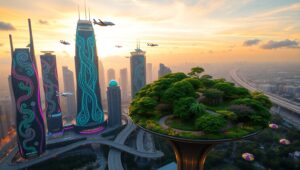 Futuristic Twilight Urban Skyline – free AI stock image