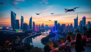 Futuristic Urban Dusk Skyline – free AI stock image