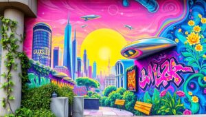 Futuristic Urban Harmony Mural – free AI stock image