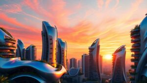 Futuristic Urban Landscape at Sunset – free AI stock image