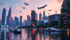 Futuristic Urban Oasis at Dusk qUq – free AI stock image
