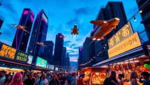 Futuristic Urban Skyline at – free AI stock image