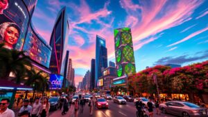 Futuristic Urban Skyline at Dusk HRs – free AI stock image
