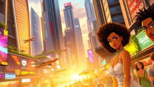 Futuristic Urban Skyline at Dusk SBi – free AI stock image