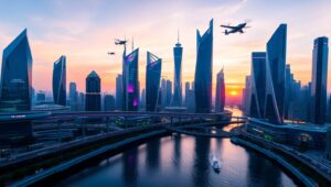 Futuristic Urban Skyline at Sunset CLt – free AI stock image
