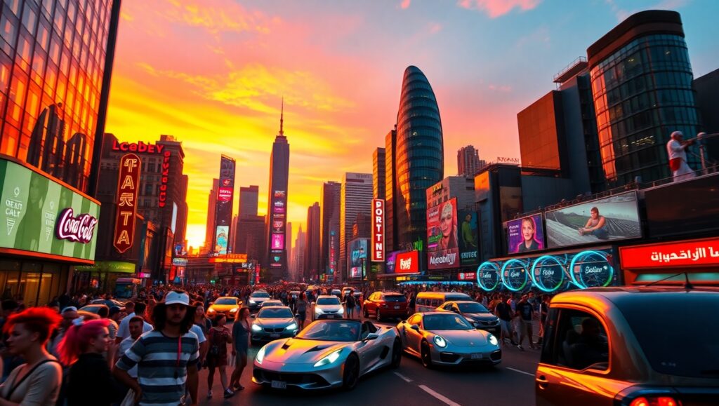 Futuristic Urban Skyline at Sunset GYI – free AI stock image