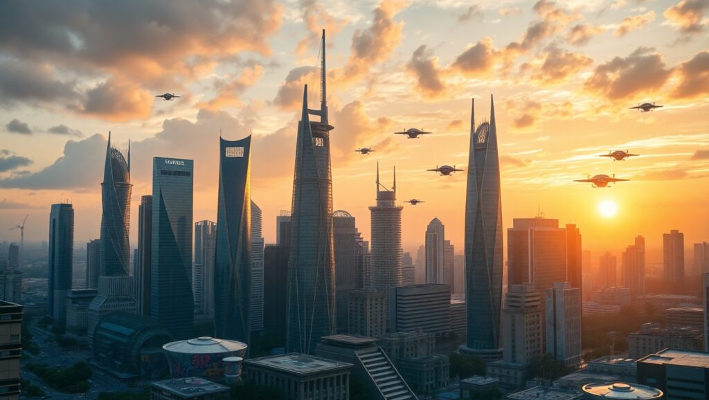 Futuristic Urban Skyline at Sunset jjI – free AI stock image