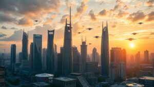 Futuristic Urban Skyline at Sunset jjI – free AI stock image