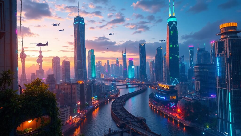 Futuristic Urban Skyline at VHa – free AI stock image