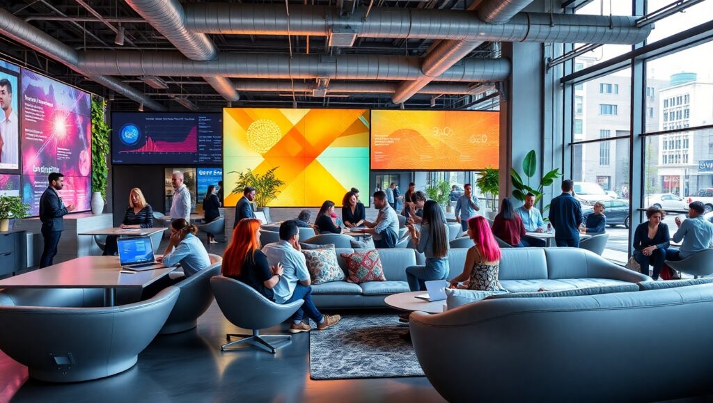 Futuristic Urban Startup Workspace – free AI stock image