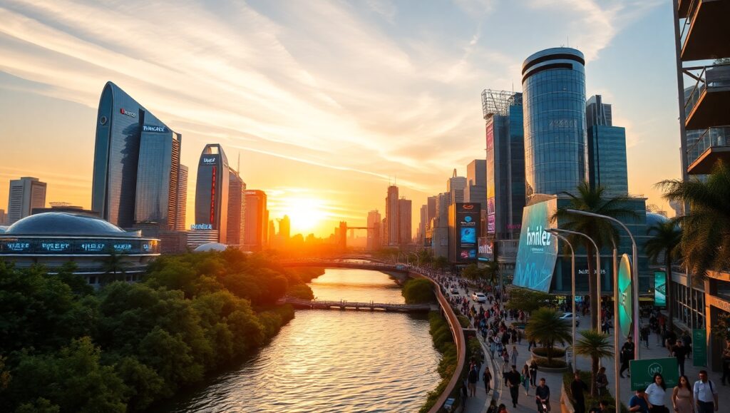 Futuristic Urban Sunset Cityscape – free AI stock image