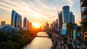 Futuristic Urban Sunset Cityscape – free AI stock image