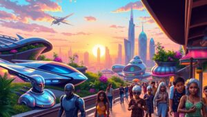 Futuristic Urban Sunset Scene – free AI stock image