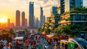 Futuristic Urban Sunset Skyline – free AI stock image