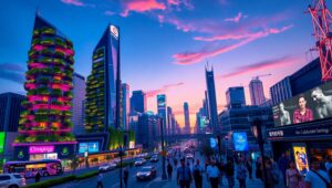 Futuristic Urban Twilight Skyline – free AI stock image