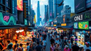 Futuristic Vibrant Market Scene – free AI stock image
