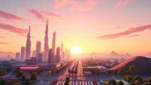 Futuristic Voxel City at Sunset – free AI stock image
