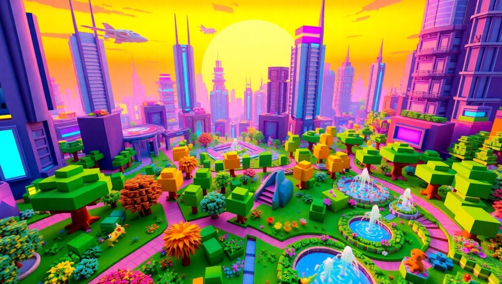 Futuristic Voxel City at Sunset – free AI stock image