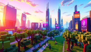 Futuristic Voxel City at Sunset uHS – free AI stock image