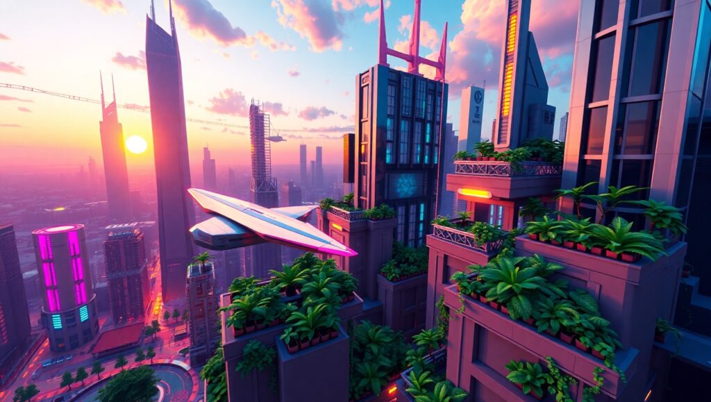 Futuristic Voxel City at Sunset UmY – free AI stock image