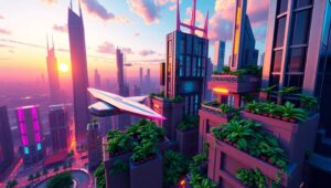Futuristic Voxel City at Sunset UmY – free AI stock image