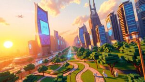 Futuristic Voxel City at Sunset Ysq – free AI stock image
