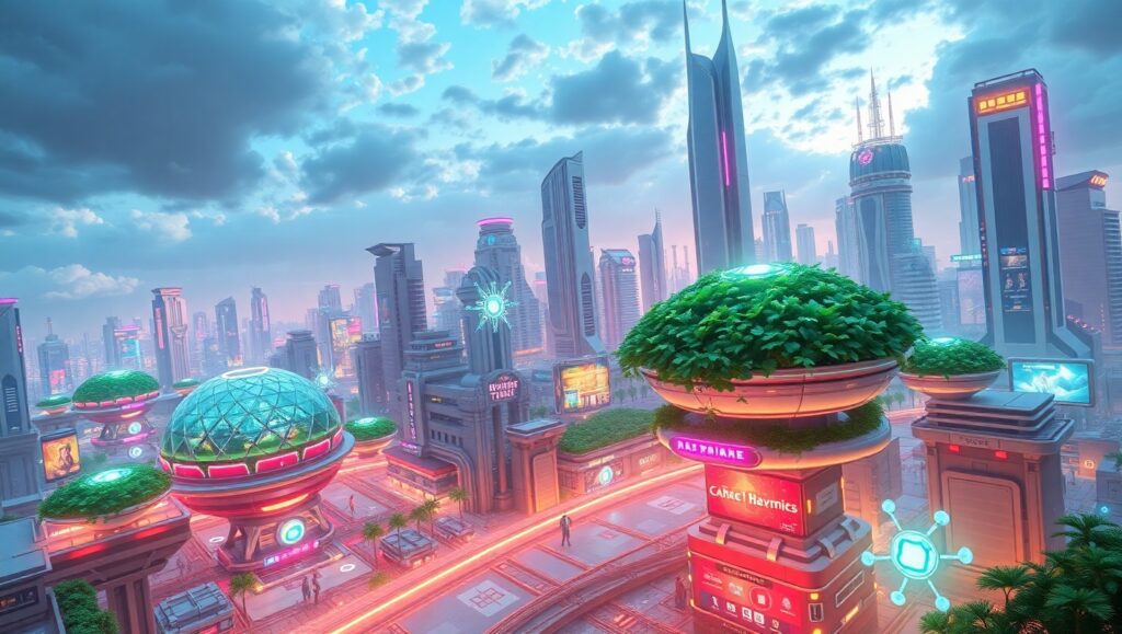 Futuristic Voxel City Gardens – free AI stock image