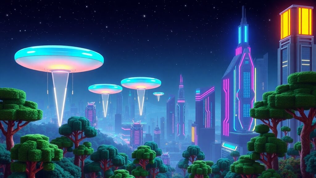 Futuristic Voxel City Skyline Rvb – free AI stock image