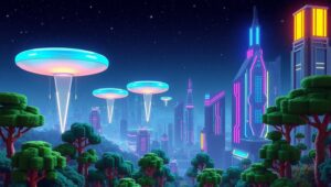 Futuristic Voxel City Skyline Rvb – free AI stock image