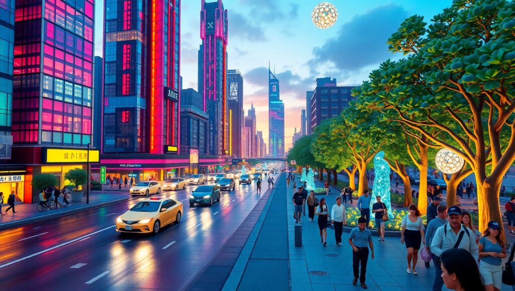 Futuristic Voxel Cityscape at Dusk – free AI stock image