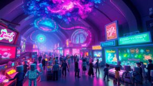 Futuristic Voxel Marketplace Scene – free AI stock image