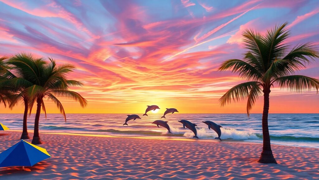 Geometric Beach Sunset Scene – free AI stock image